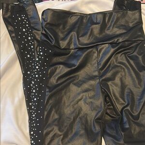Black Faux Leather Leggings with Rhinestone Detail